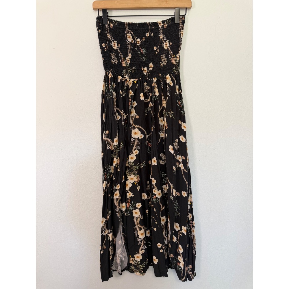 Shore - Strapless Floral Print Shirred Tube Dress Double Slits Women's Size M